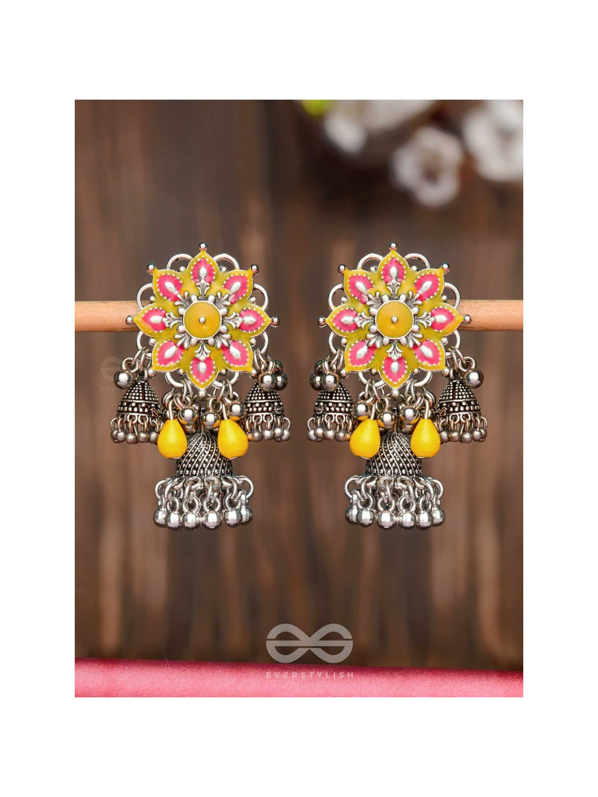 The Sunburst Bloom - Statement Enamelled Oxidised Jhumka Earrings