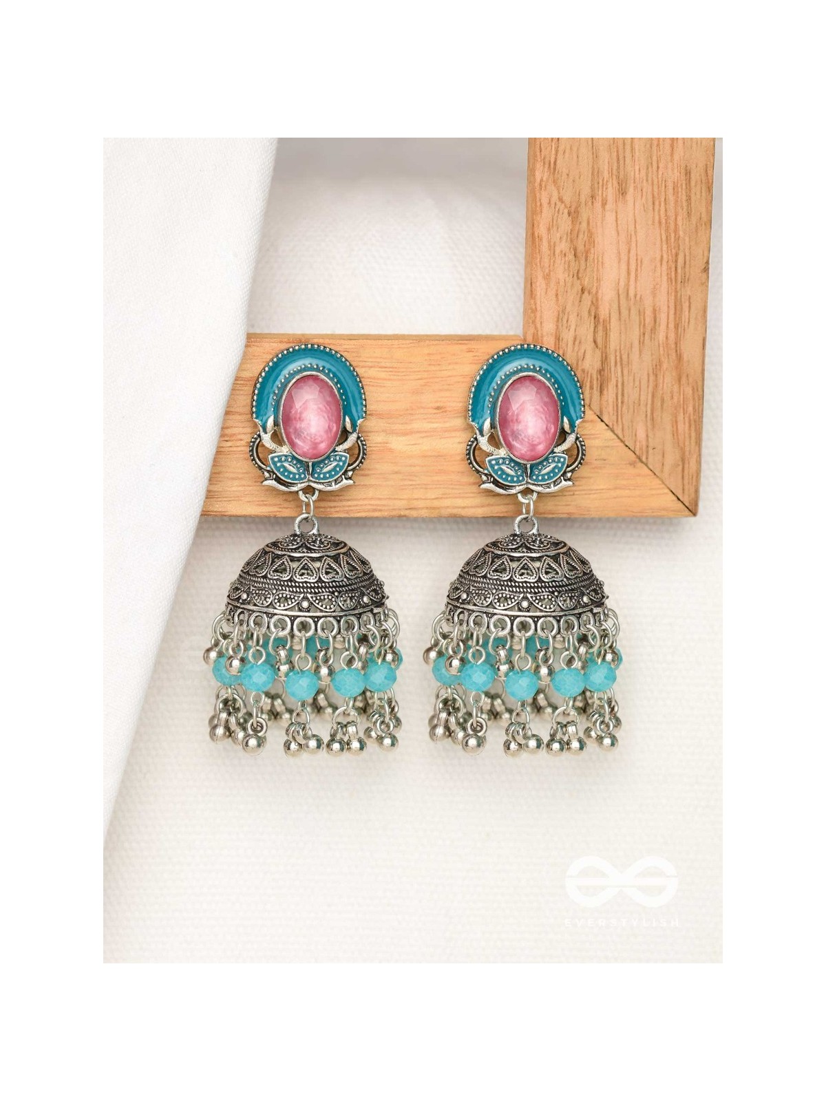 The Blushing Clouds - Statement Embellished And Enamelled Oxidised Jhumka Earrings
