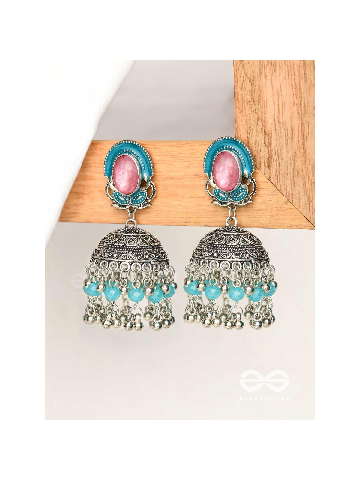 The Blushing Clouds - Statement Embellished And Enamelled Oxidised Jhumka Earrings