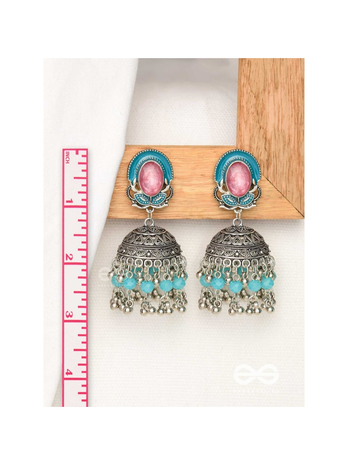 The Blushing Clouds - Statement Embellished And Enamelled Oxidised Jhumka Earrings