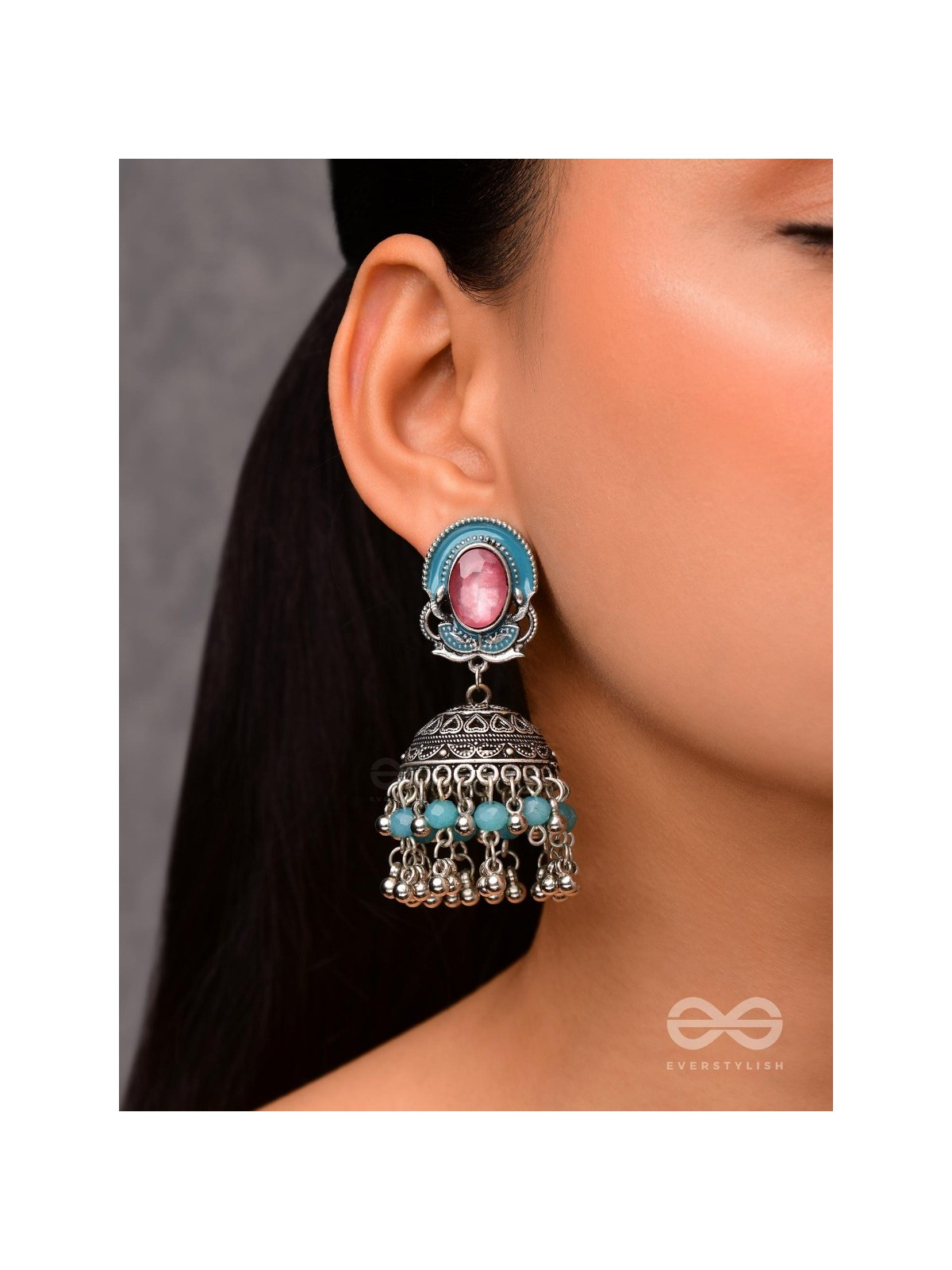 The Blushing Clouds - Statement Embellished And Enamelled Oxidised Jhumka Earrings