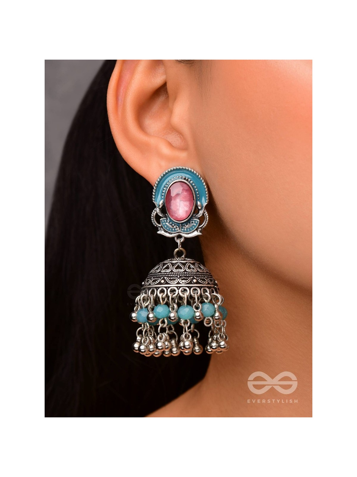 The Blushing Clouds - Statement Embellished And Enamelled Oxidised Jhumka Earrings