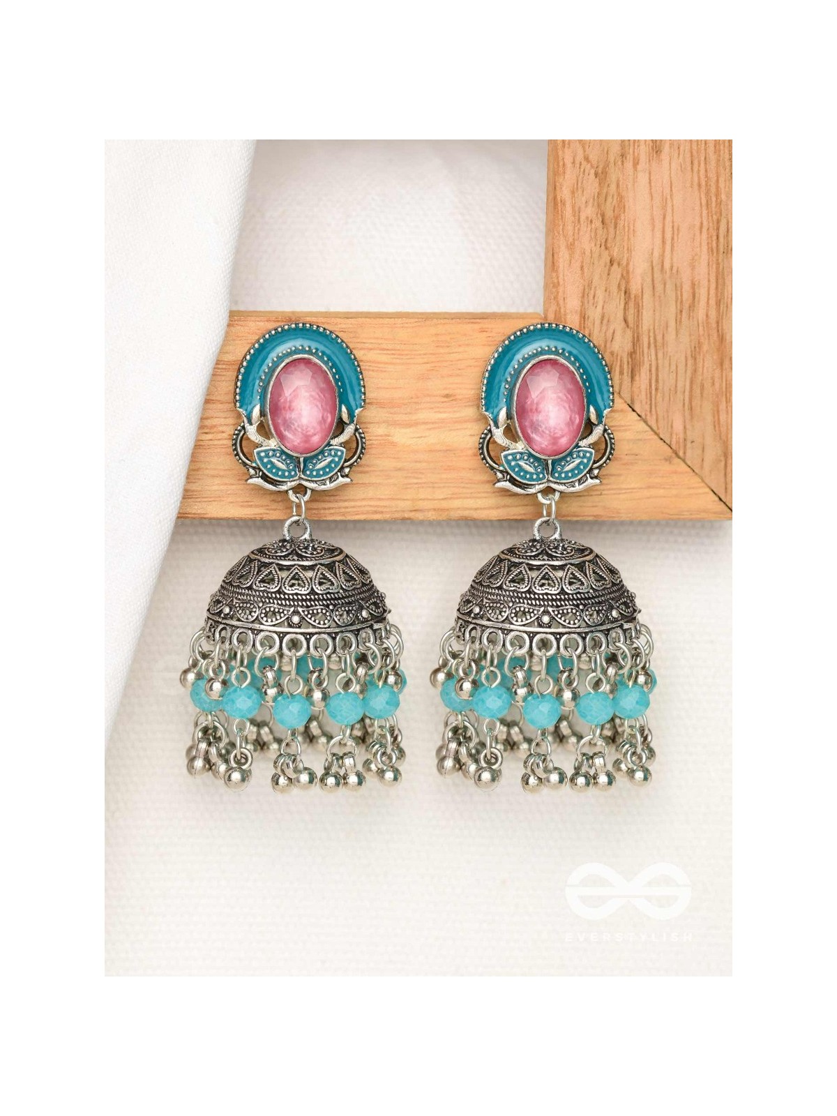 The Blushing Clouds - Statement Embellished And Enamelled Oxidised Jhumka Earrings