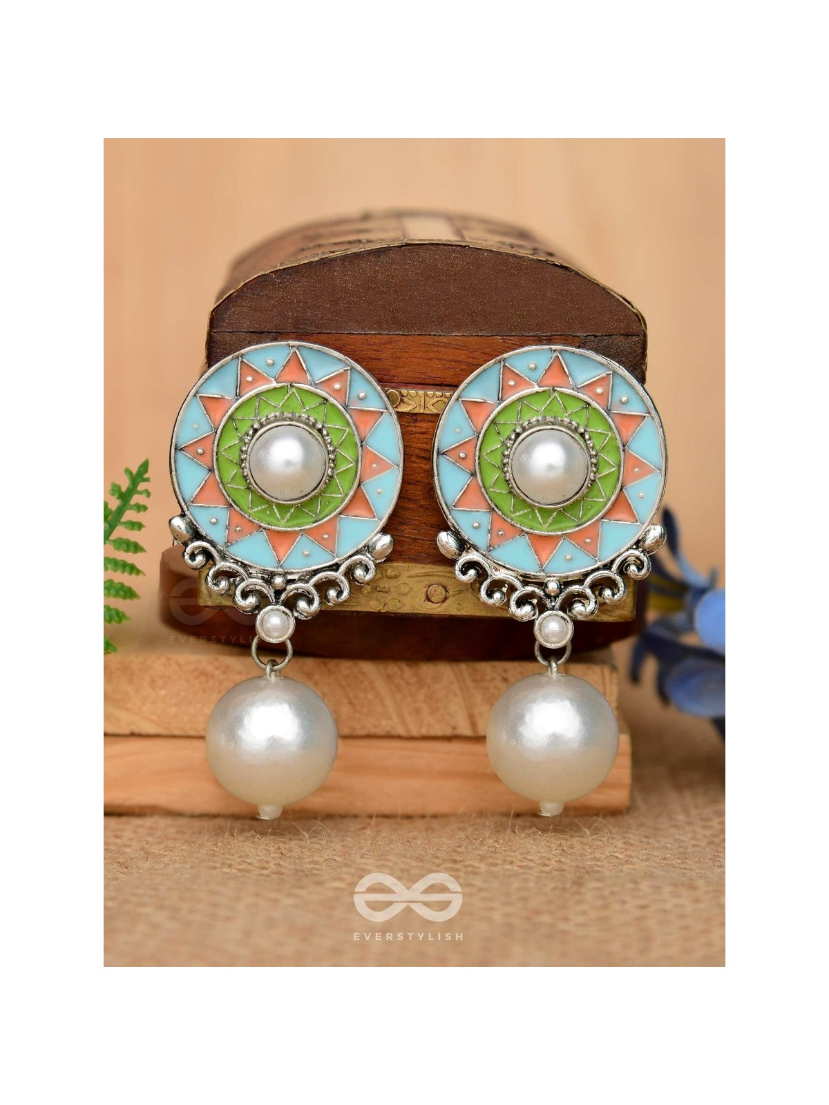The Serene Carvings - Enamelled Oxidised Pearl Earrings