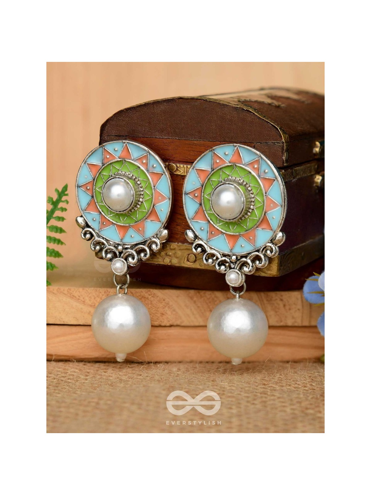 The Serene Carvings - Enamelled Oxidised Pearl Earrings