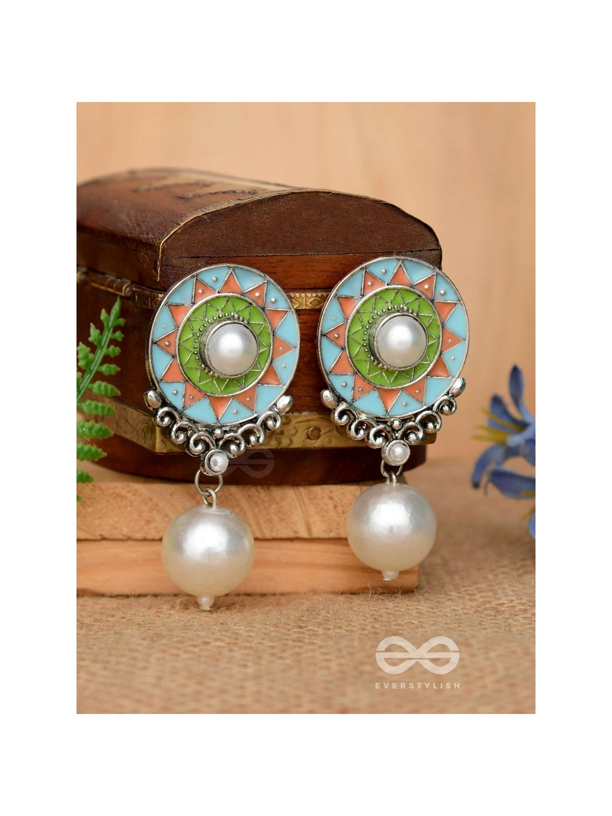 The Serene Carvings - Enamelled Oxidised Pearl Earrings