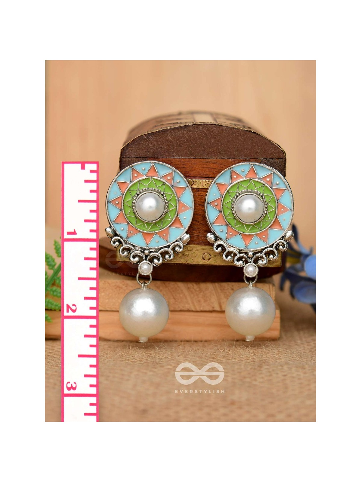 The Serene Carvings - Enamelled Oxidised Pearl Earrings