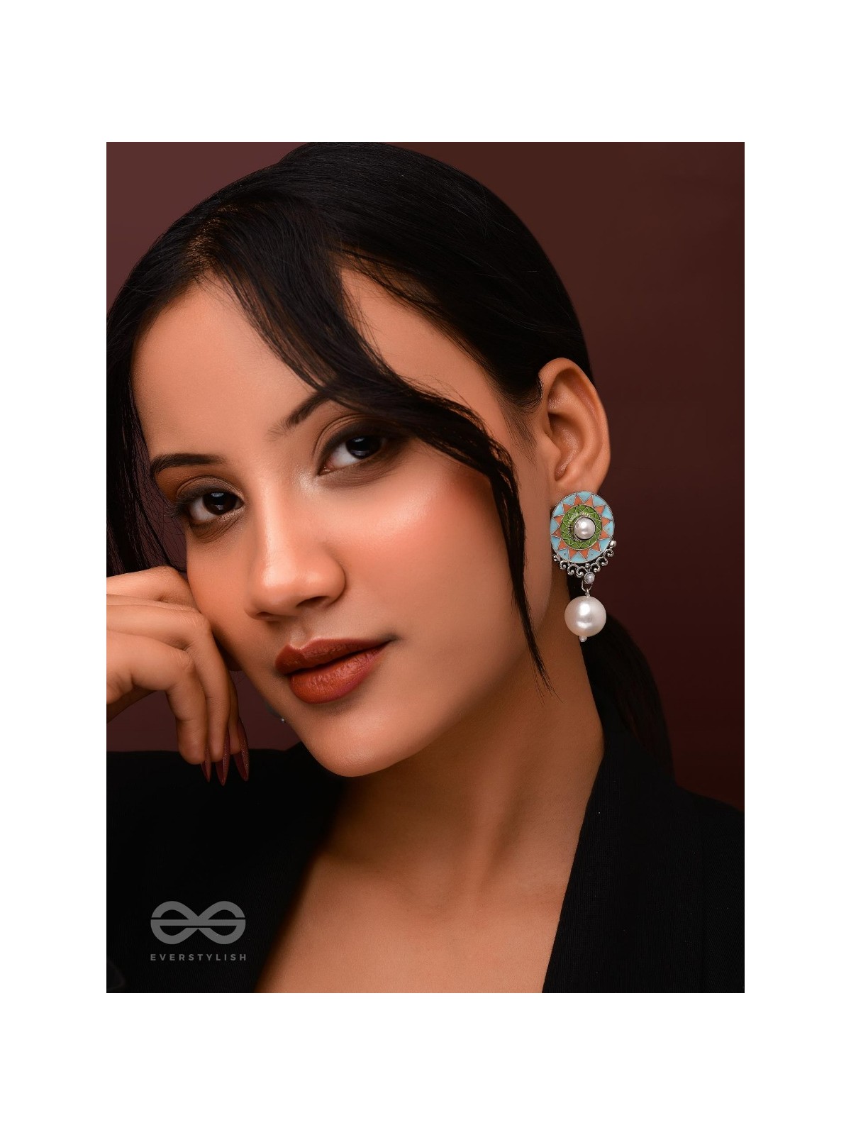 The Serene Carvings - Enamelled Oxidised Pearl Earrings