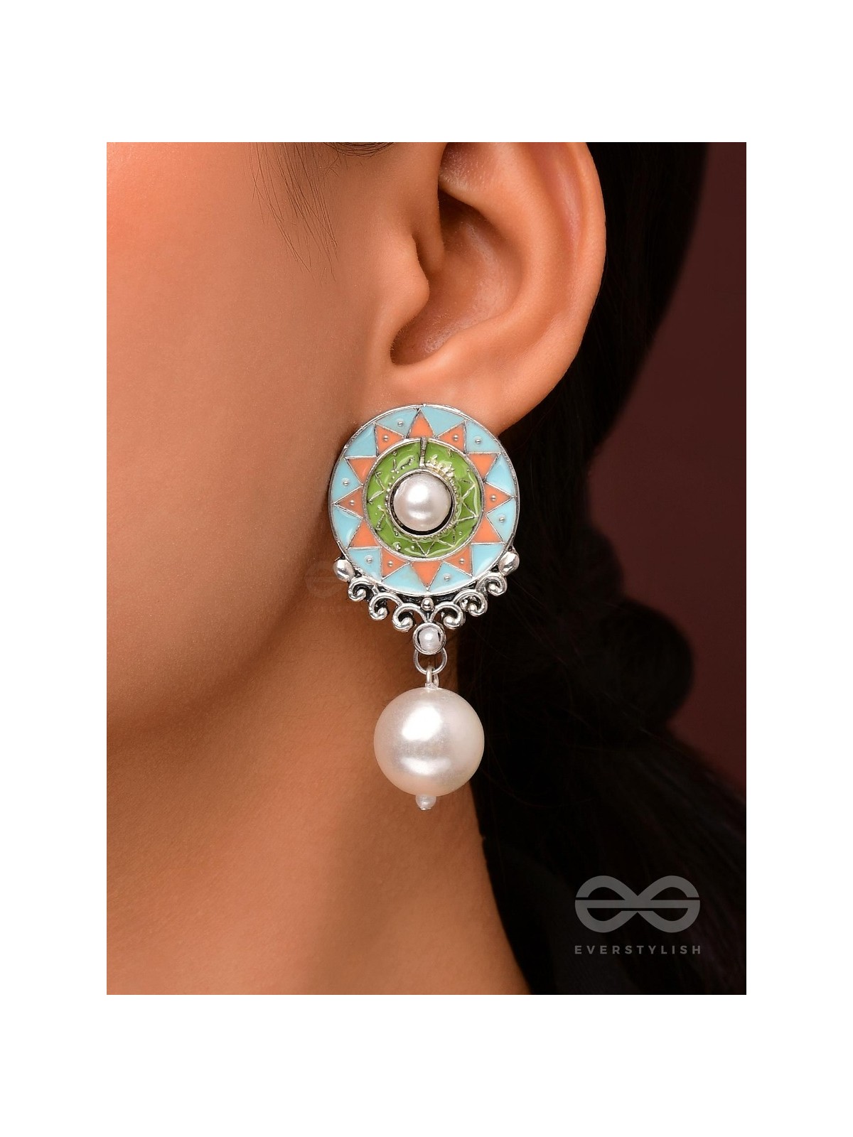 The Serene Carvings - Enamelled Oxidised Pearl Earrings