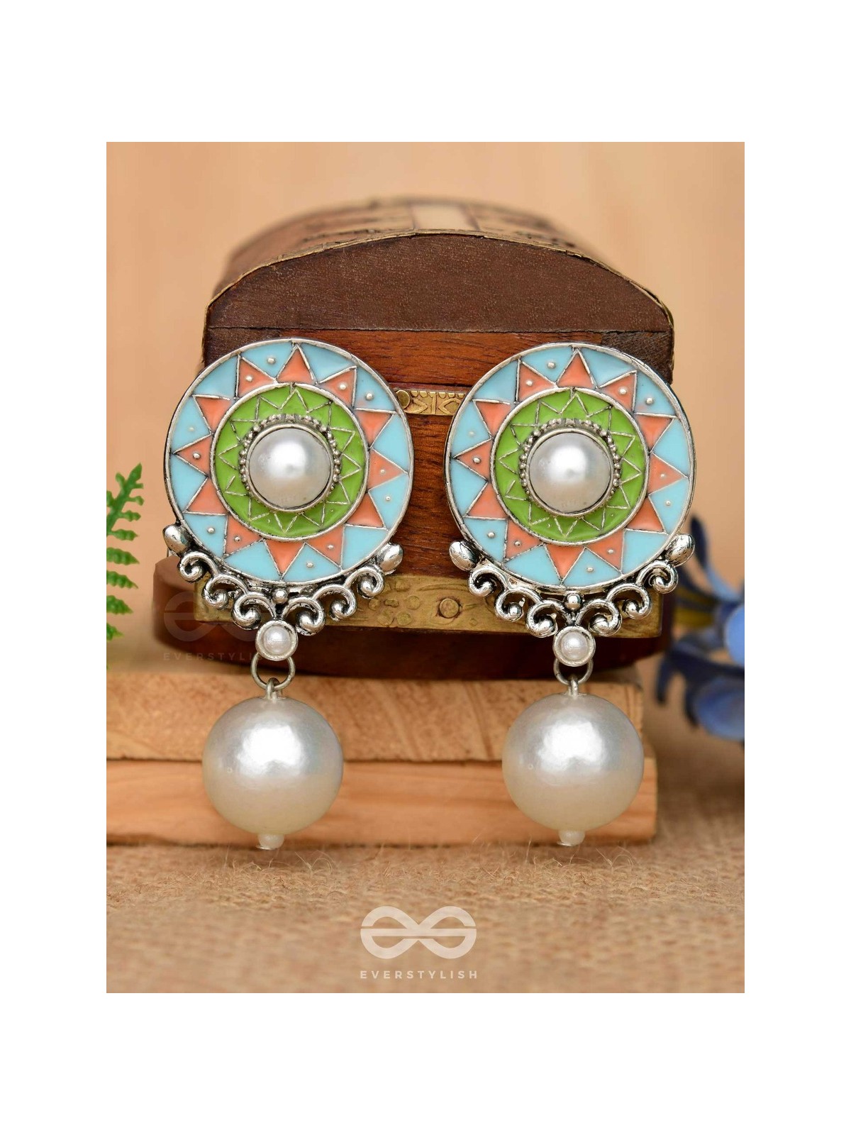 The Serene Carvings - Enamelled Oxidised Pearl Earrings