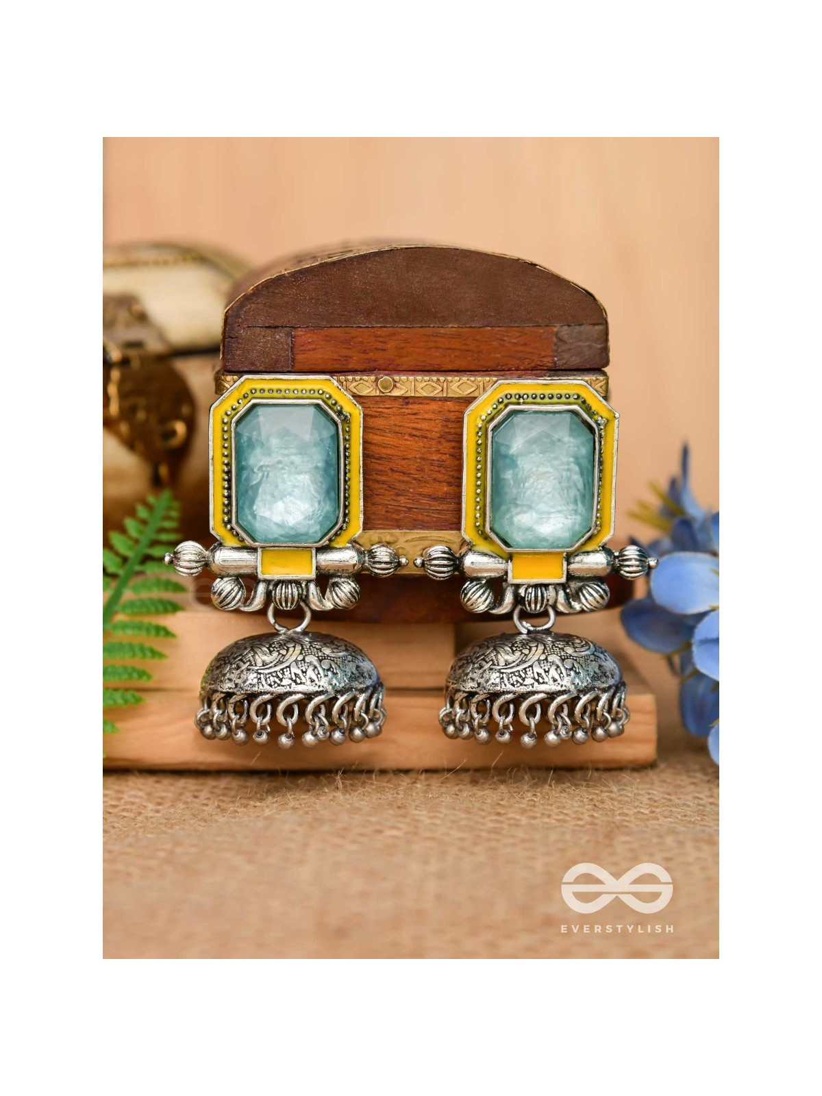 The Sunny Breeze - Embellished And Enamelled Oxidised Jhumka Earrings