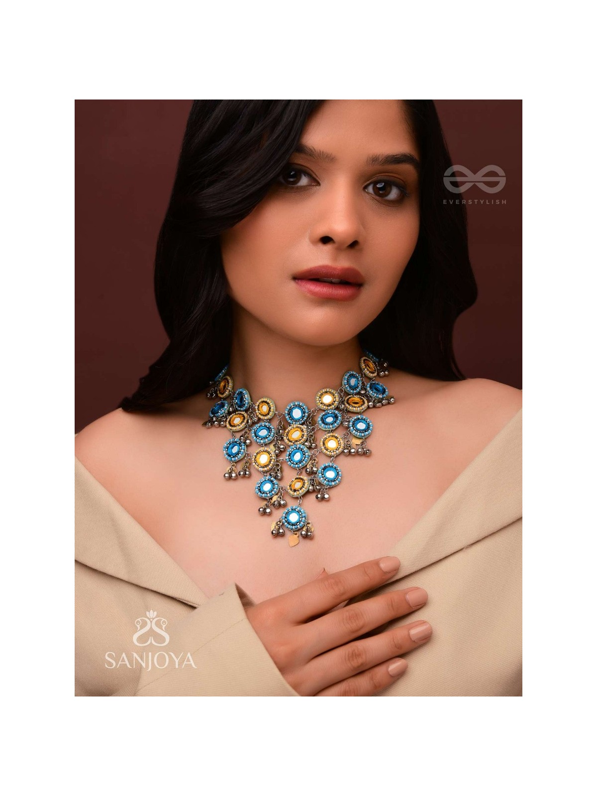 Parigha - The Cloud Line - Beads And Mirror Hand Embroidered Oxidised Neckpiece