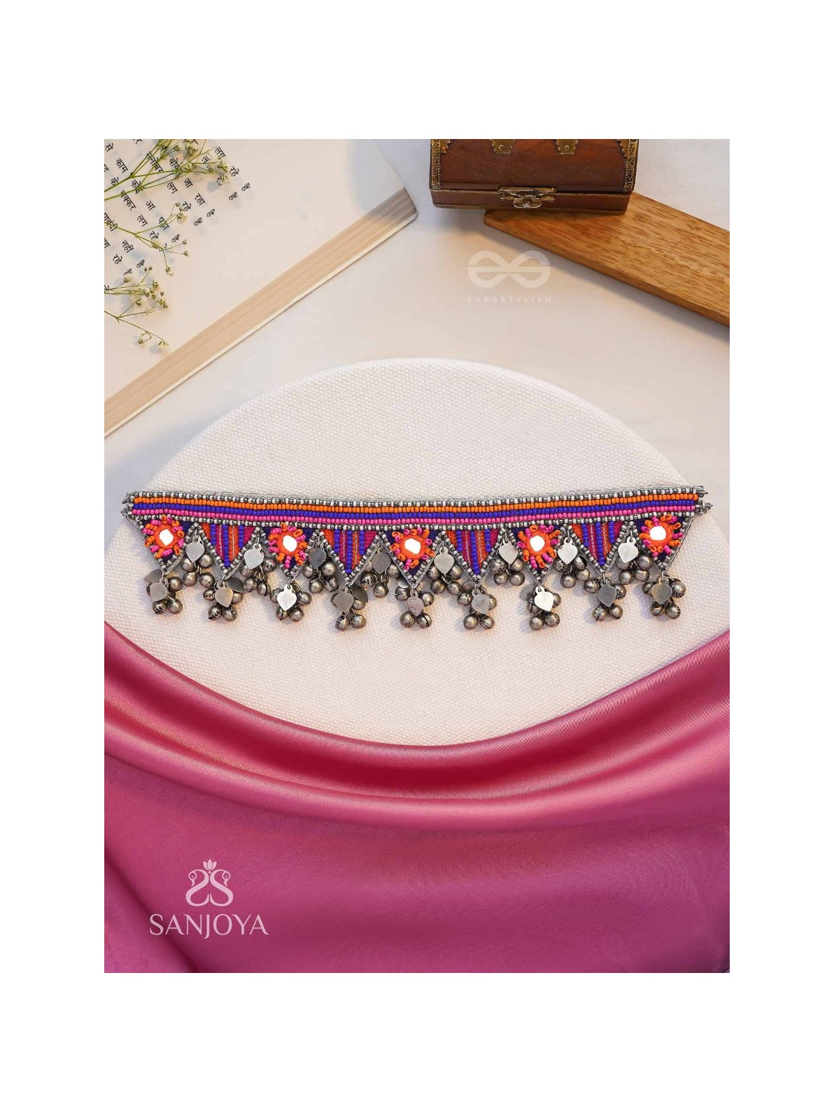 Sunarda - Amber Horizon - Mirror And Beads Hand Embroidered Oxidised Neckpiece