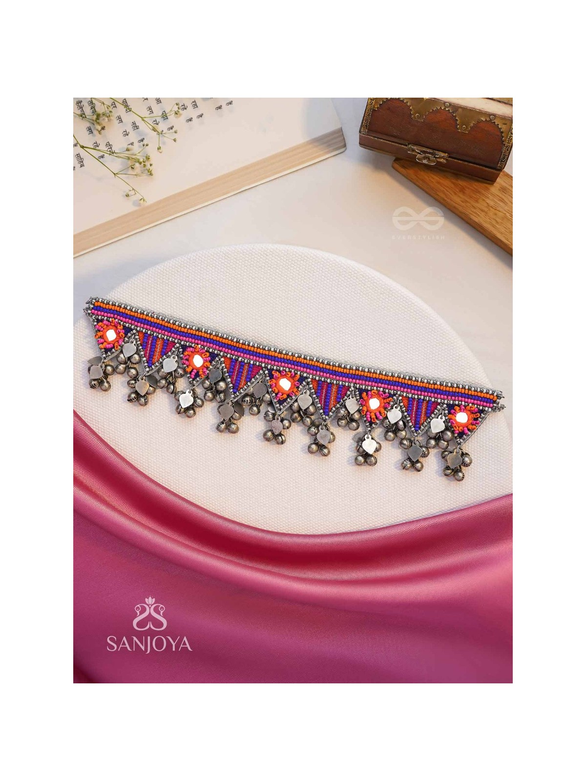 Sunarda - Amber Horizon - Mirror And Beads Hand Embroidered Oxidised Neckpiece