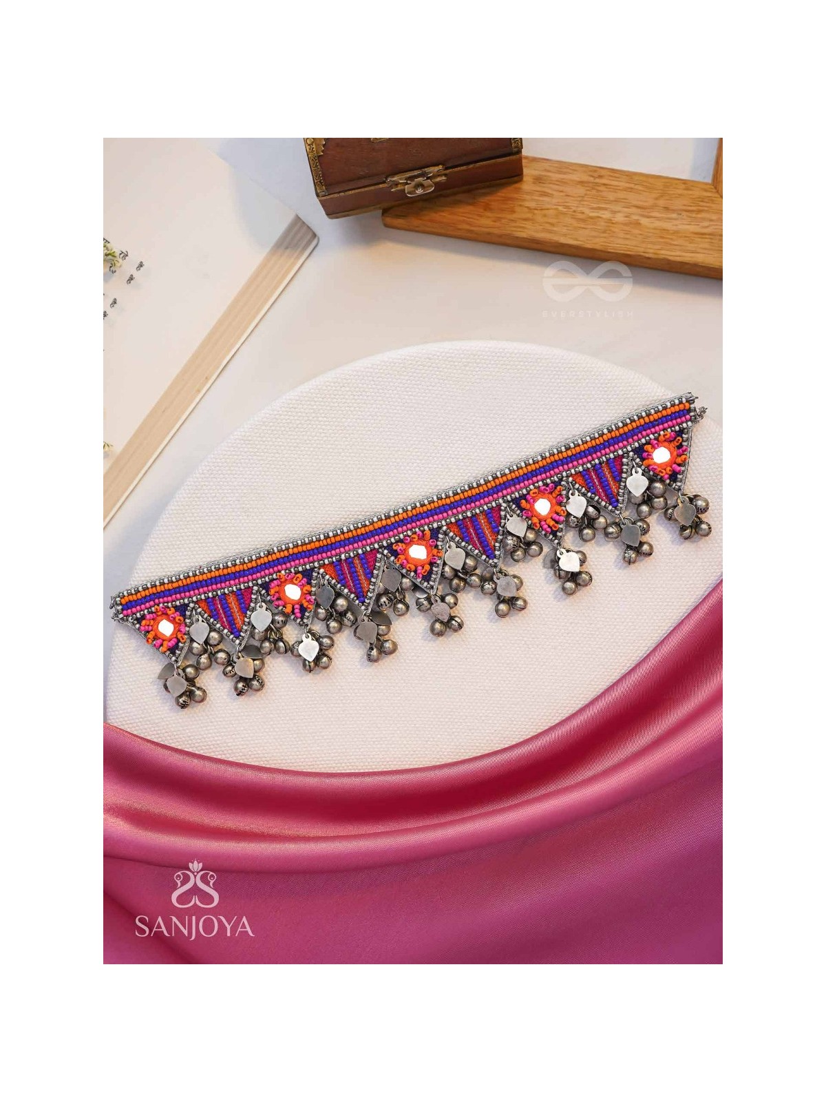 Sunarda - Amber Horizon - Mirror And Beads Hand Embroidered Oxidised Neckpiece