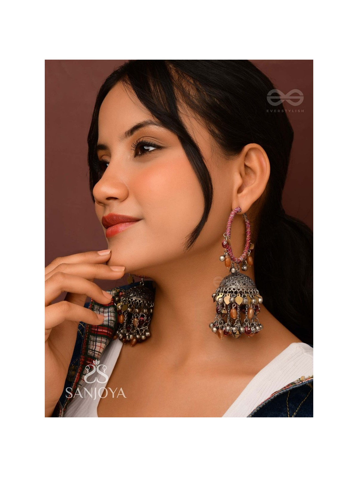 Stotavya - The Mira Chants- Beads, Resham And Glass Drops Oxidised Jhumka Earrings