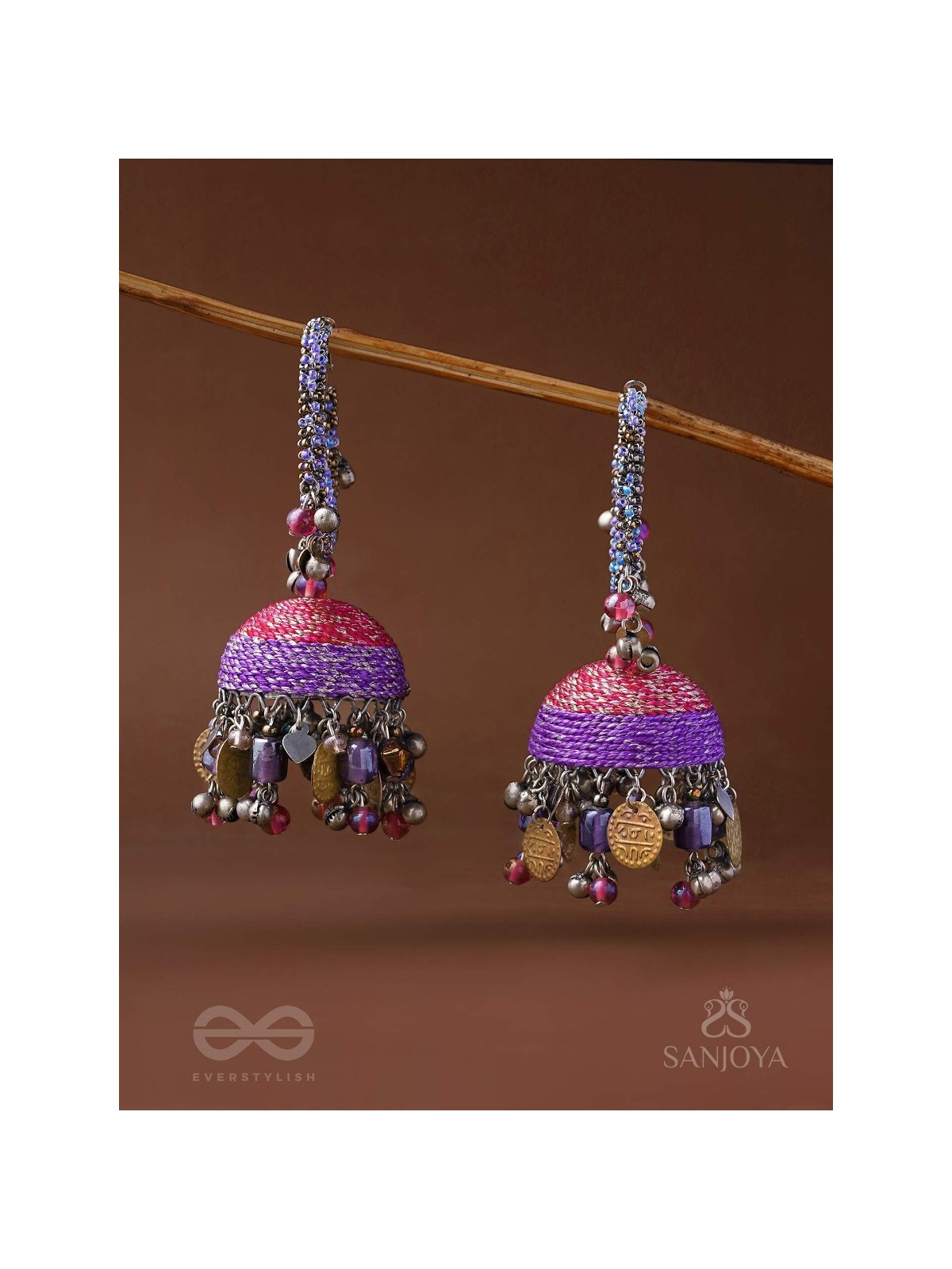 Dvibhat - The Twilight Tinkles - Resham, Coins And Beads Hand Embroidered Oxidised Jhumka Earrings