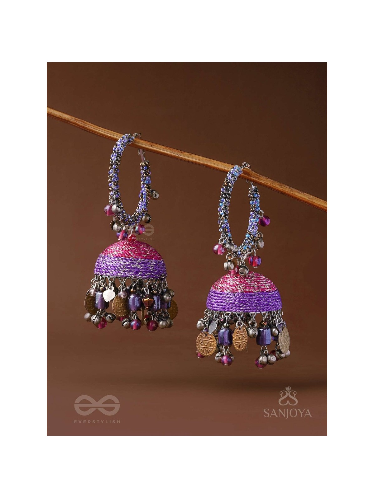 Dvibhat - The Twilight Tinkles - Resham, Coins And Beads Hand Embroidered Oxidised Jhumka Earrings