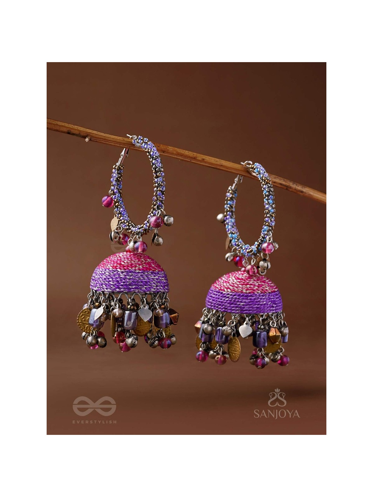Dvibhat - The Twilight Tinkles - Resham, Coins And Beads Hand Embroidered Oxidised Jhumka Earrings