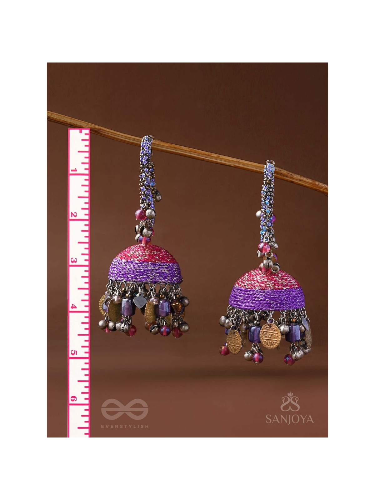 Dvibhat - The Twilight Tinkles - Resham, Coins And Beads Hand Embroidered Oxidised Jhumka Earrings