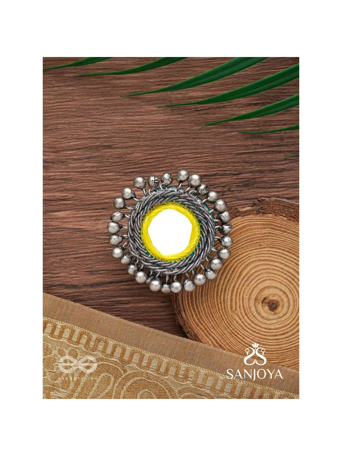 Patangah - Music Of Sunshine - Mirror, Resham And Beads Hand Embroidered Oxidised Ring