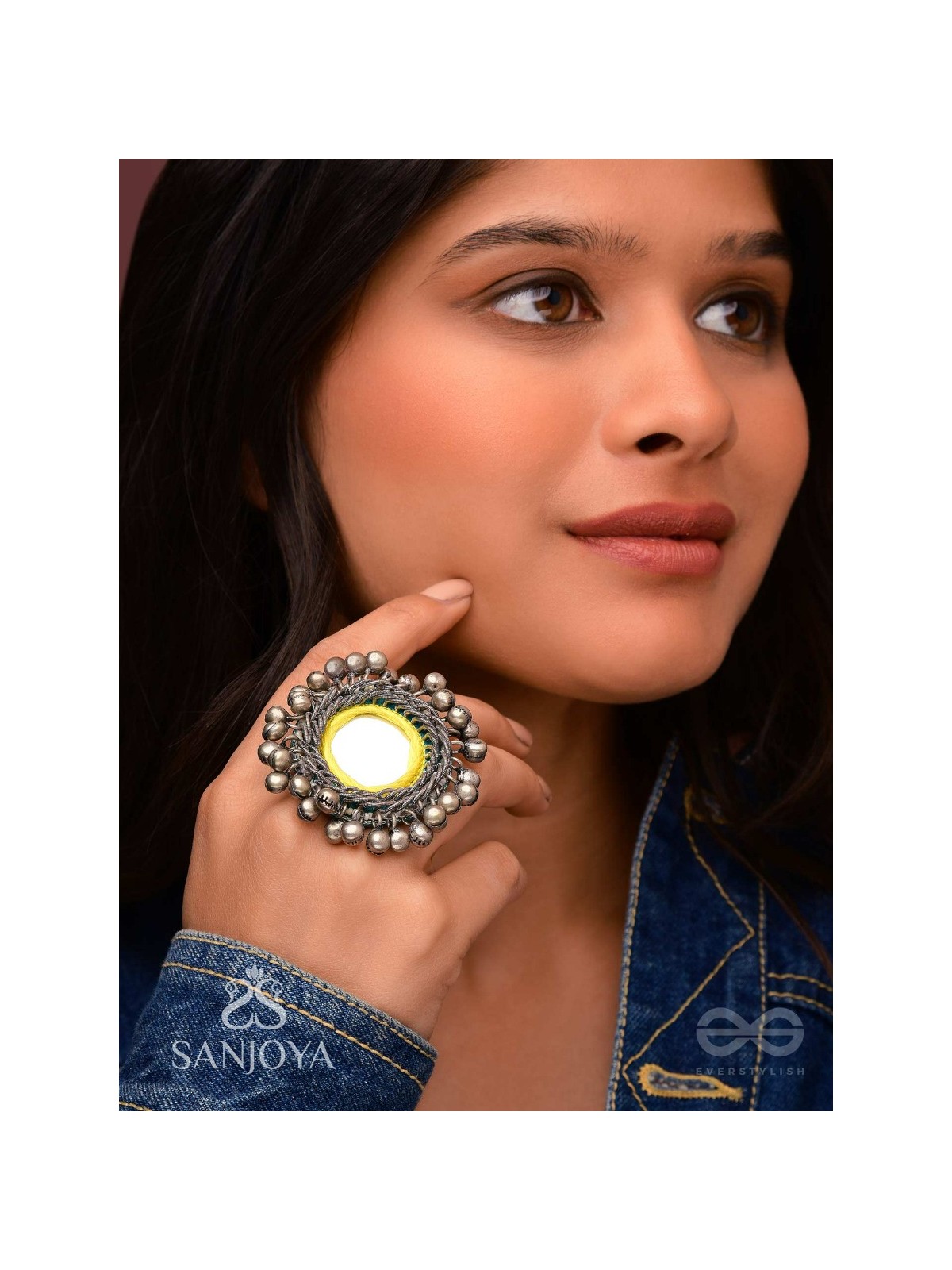 Patangah - Music Of Sunshine - Mirror, Resham And Beads Hand Embroidered Oxidised Ring
