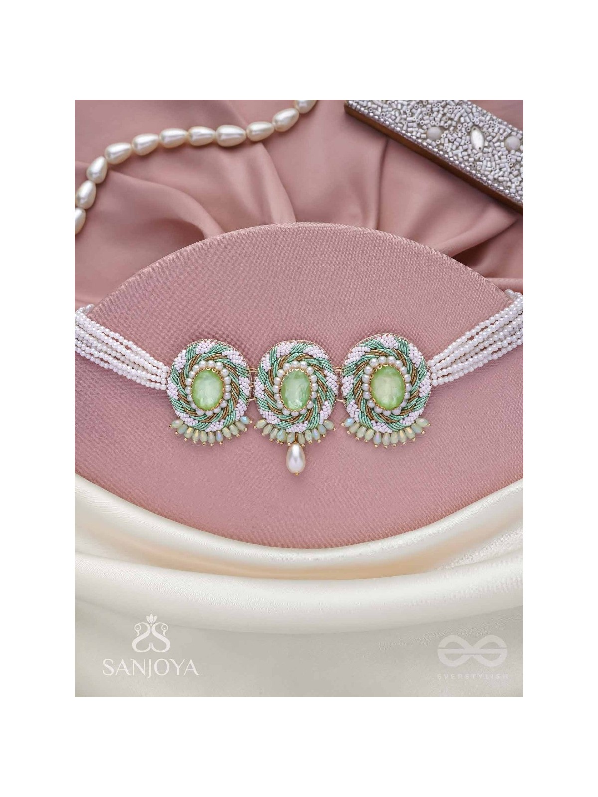 Tankasala - Frosted Fern - Stones And Pearls Hand Embroidered Neckpiece