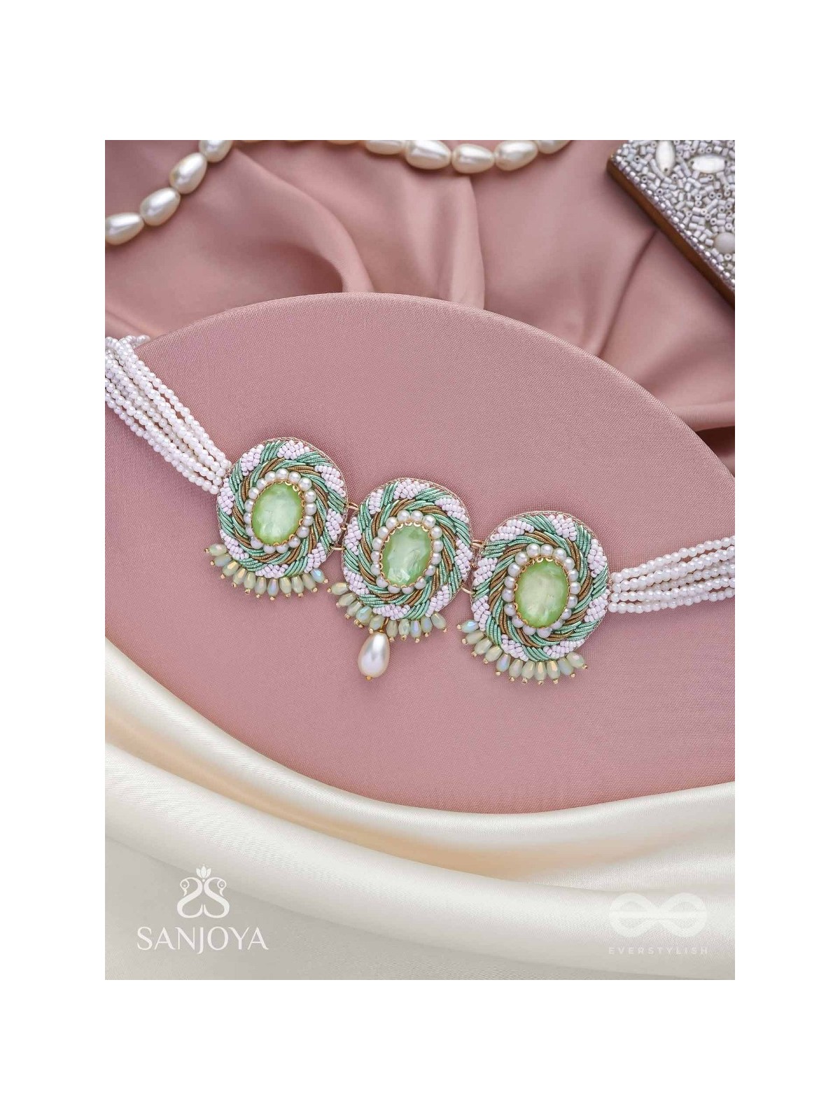 Tankasala - Frosted Fern - Stones And Pearls Hand Embroidered Neckpiece