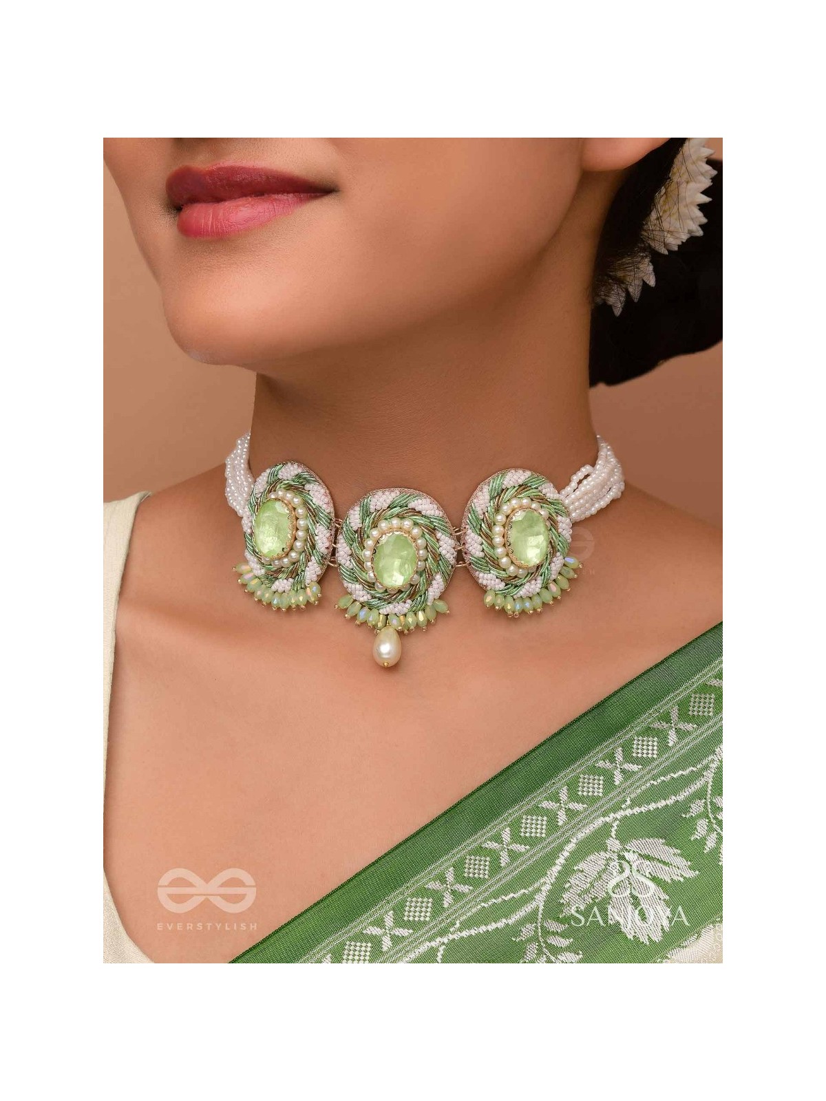 Tankasala - Frosted Fern - Stones And Pearls Hand Embroidered Neckpiece