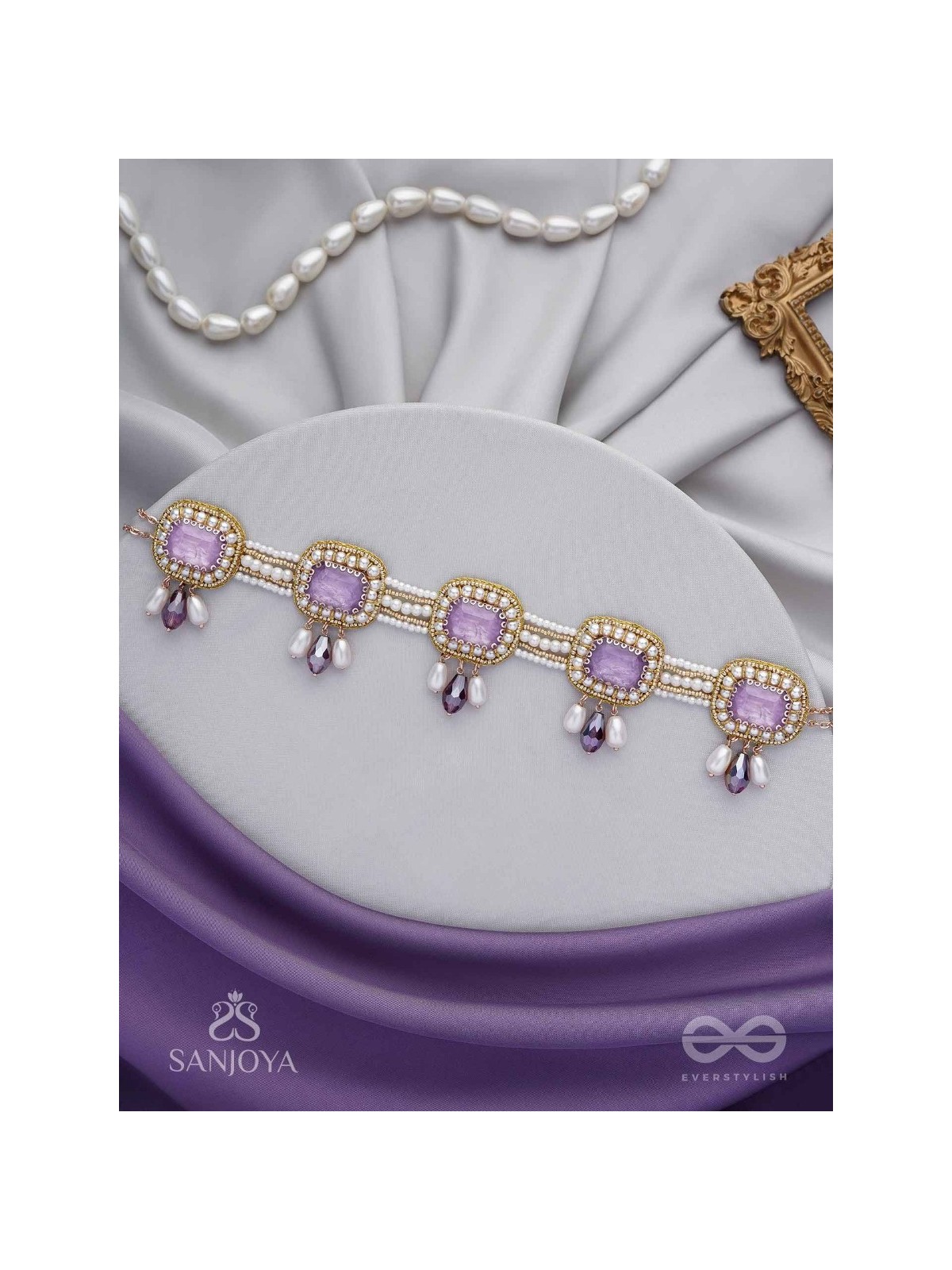 Sushtri- The Chaste Affection - Stones, Beads, Glass And Pearl Drops Hand Embroidered Choker Neckpiece