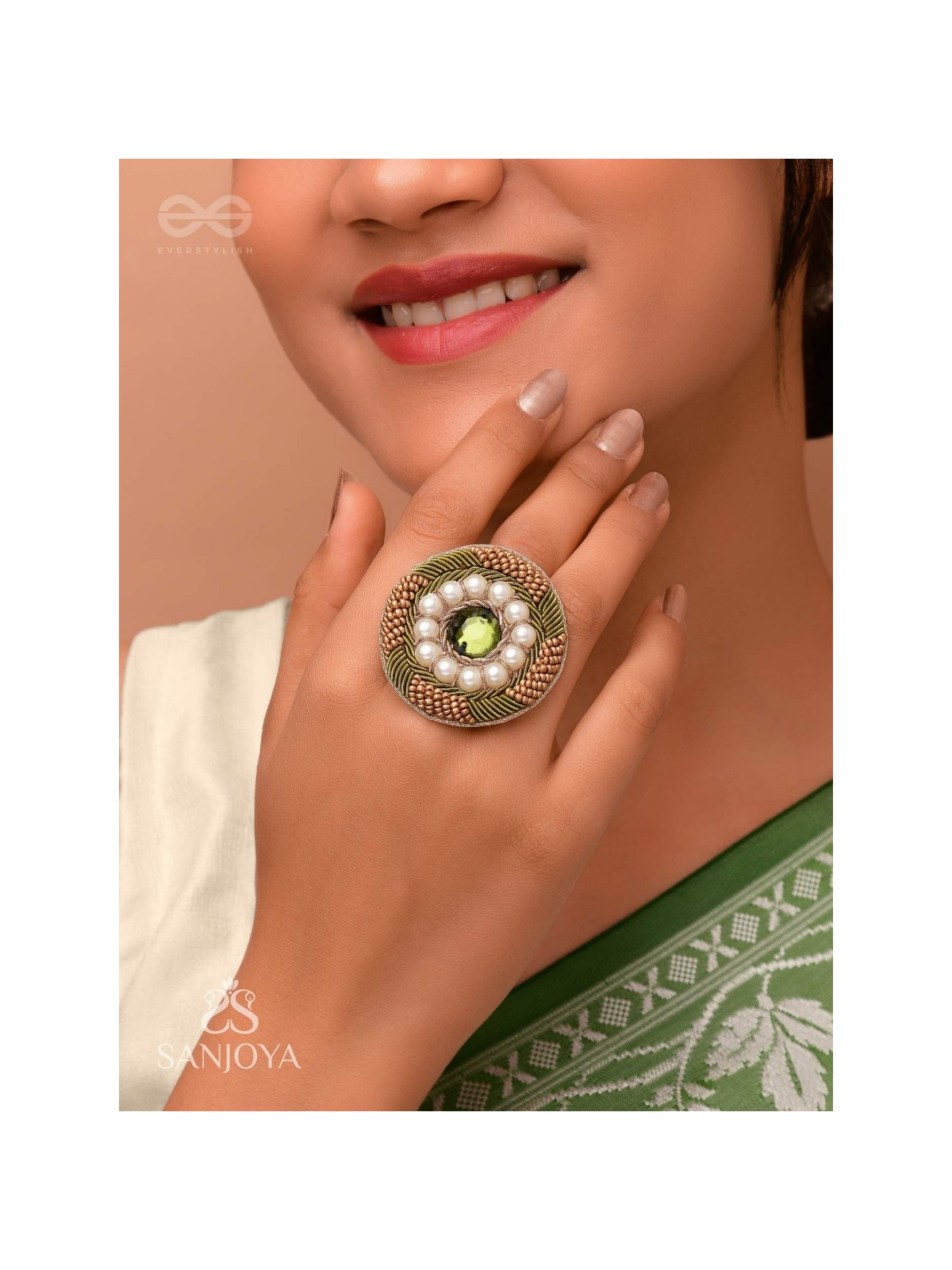 Aranyaja - Born In Forest - Beads And Stone Hand Embroidered Ring (Adjustable)
