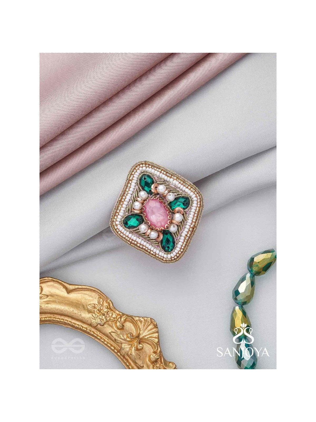 Naimisa - Blooms In Forest - Stones, Beads And Dabka Hand Embroidered Ring (Adjustable)