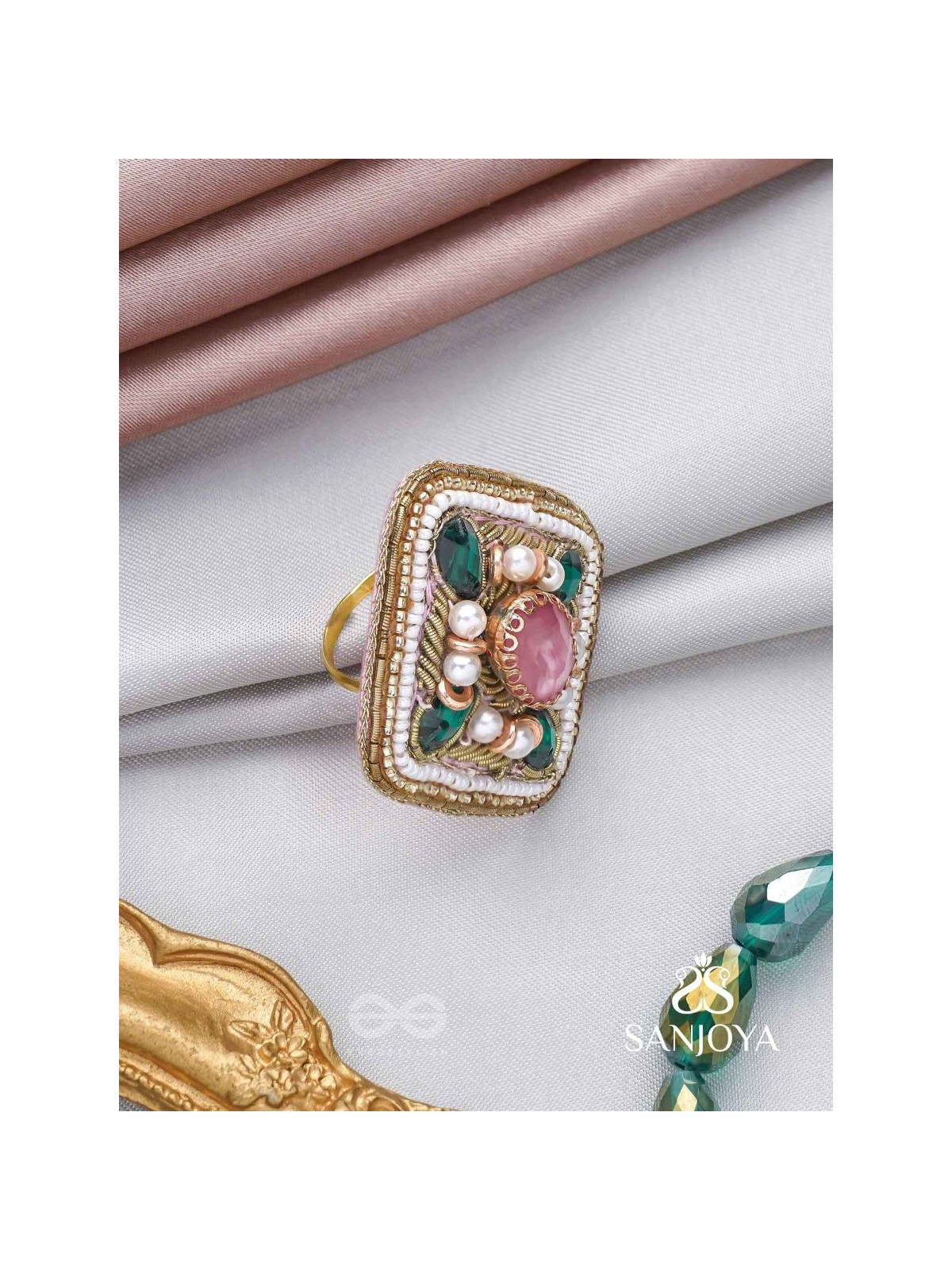 Naimisa - Blooms In Forest - Stones, Beads And Dabka Hand Embroidered Ring (Adjustable)