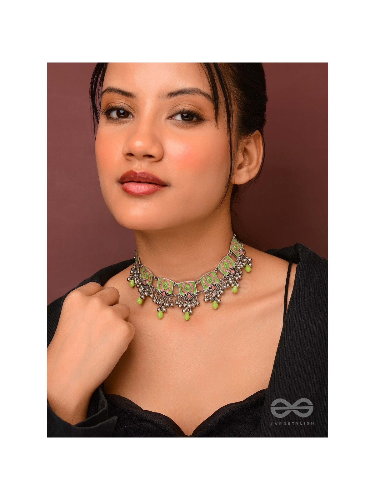 The Olive Chimes - Enamelled Oxidised Choker Neckpiece