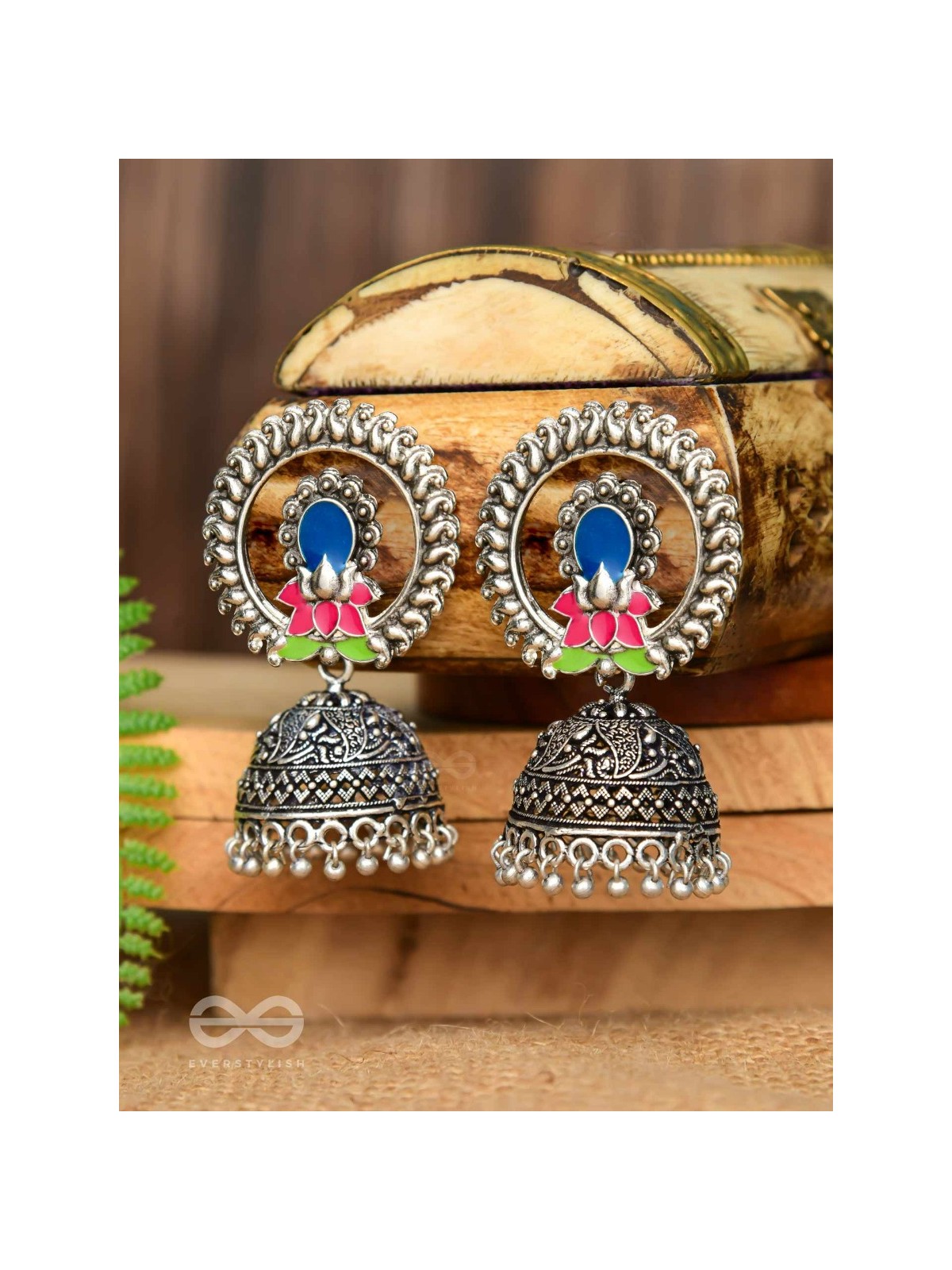 Lotus Dreamscape - Oxidised Jhumka Earrings
