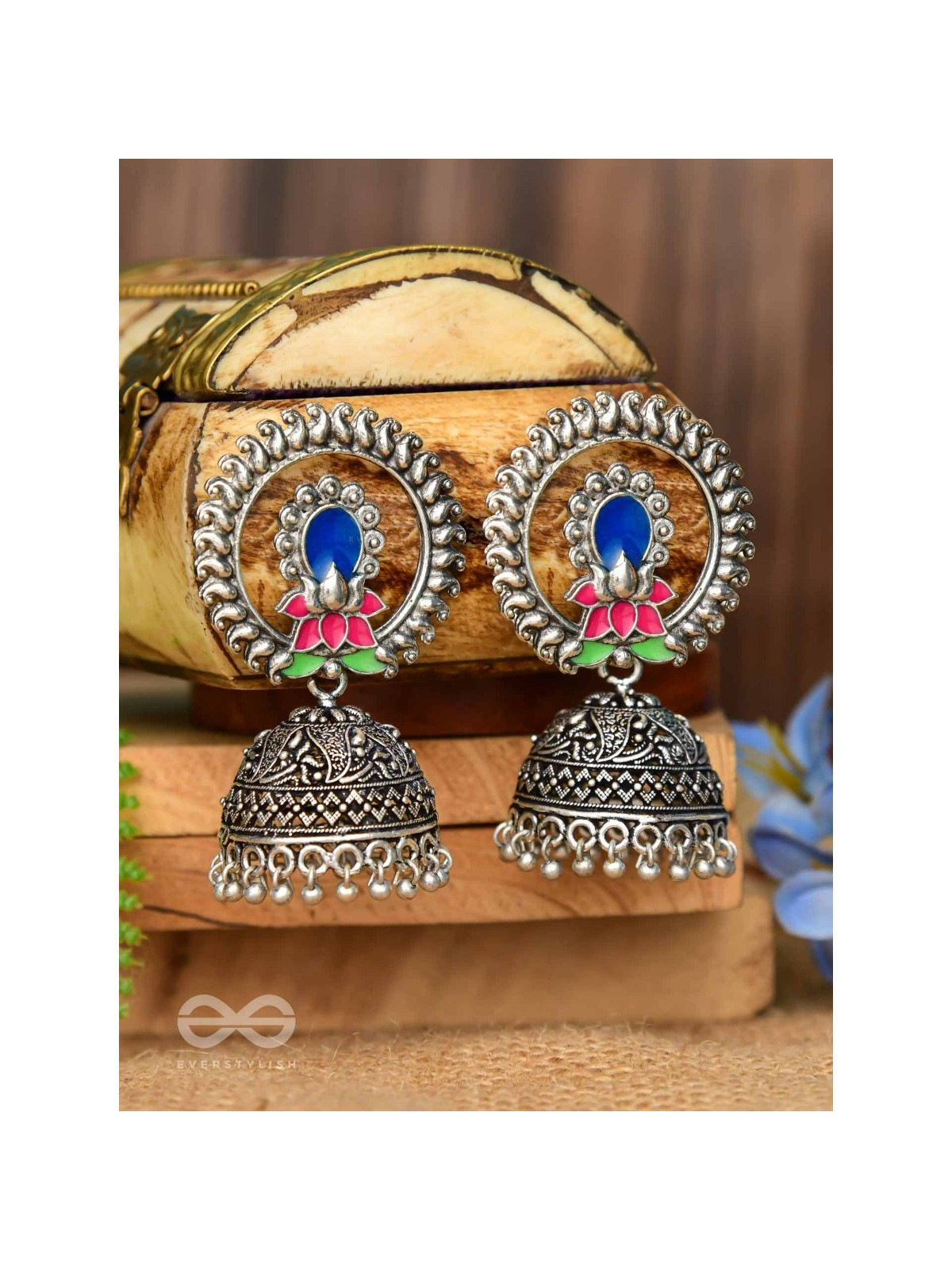 Lotus Dreamscape - Oxidised Jhumka Earrings