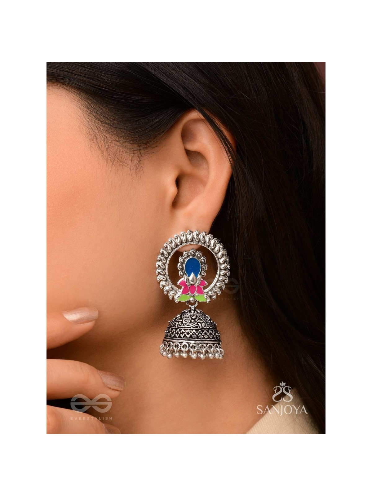 Lotus Dreamscape - Oxidised Jhumka Earrings