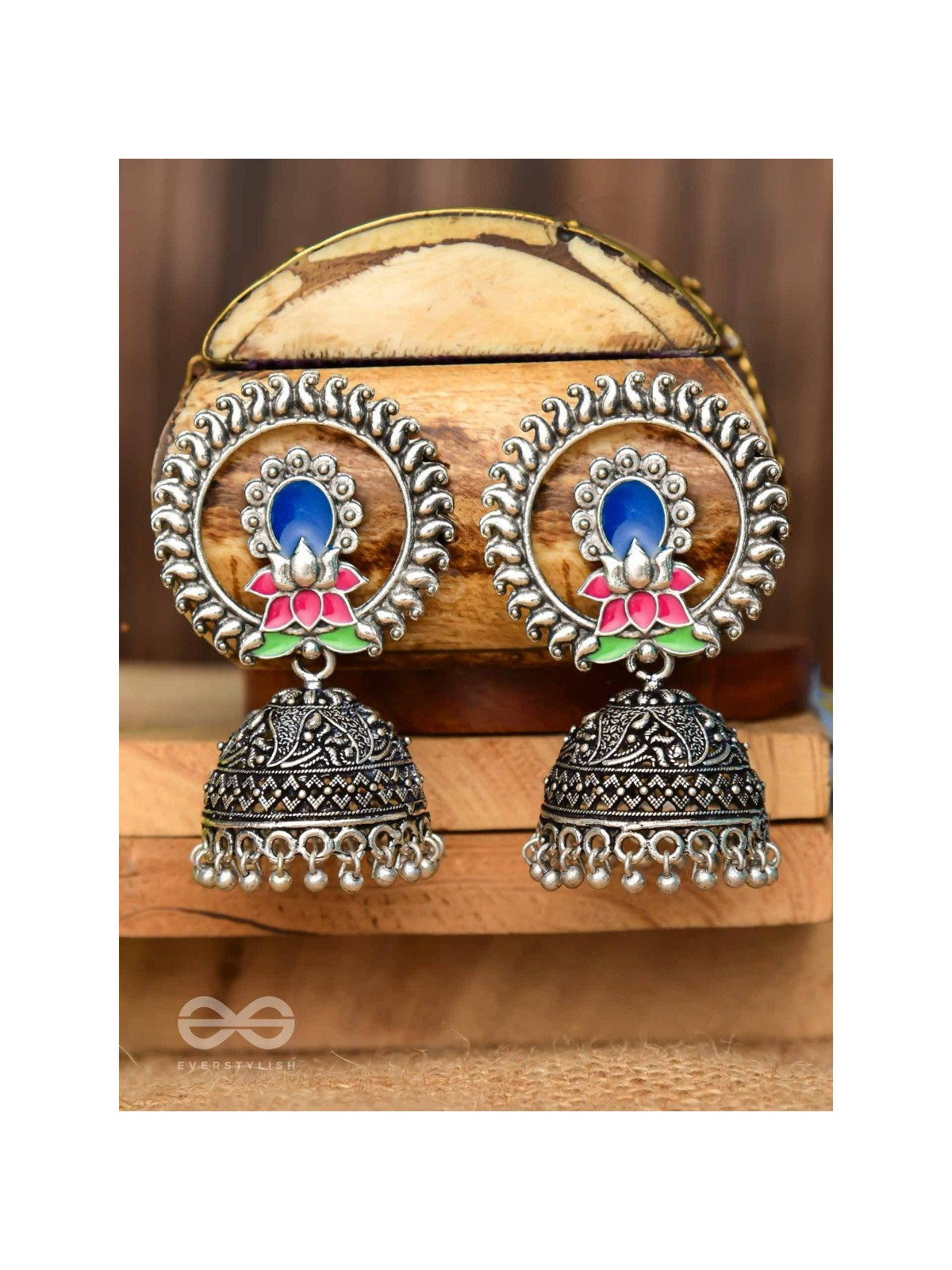 Lotus Dreamscape - Oxidised Jhumka Earrings