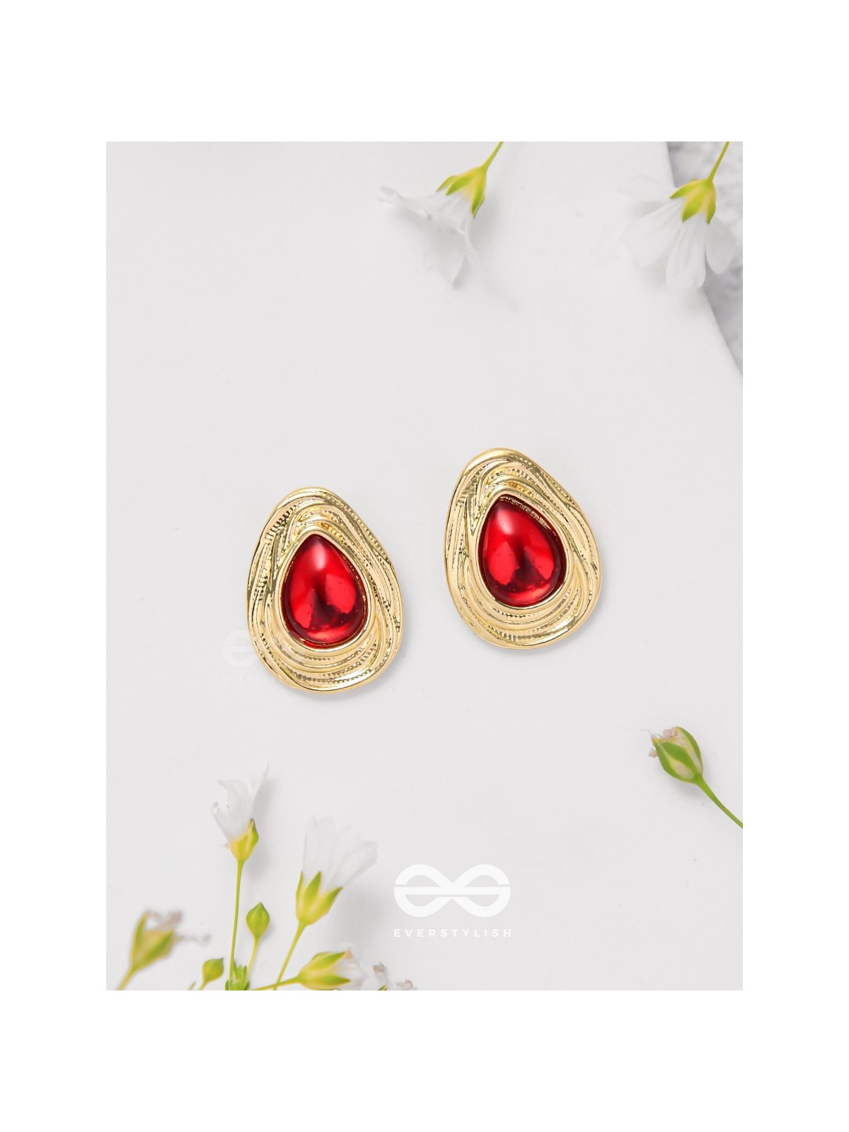 Cherry Drop - Golden And Red Stud Earrings