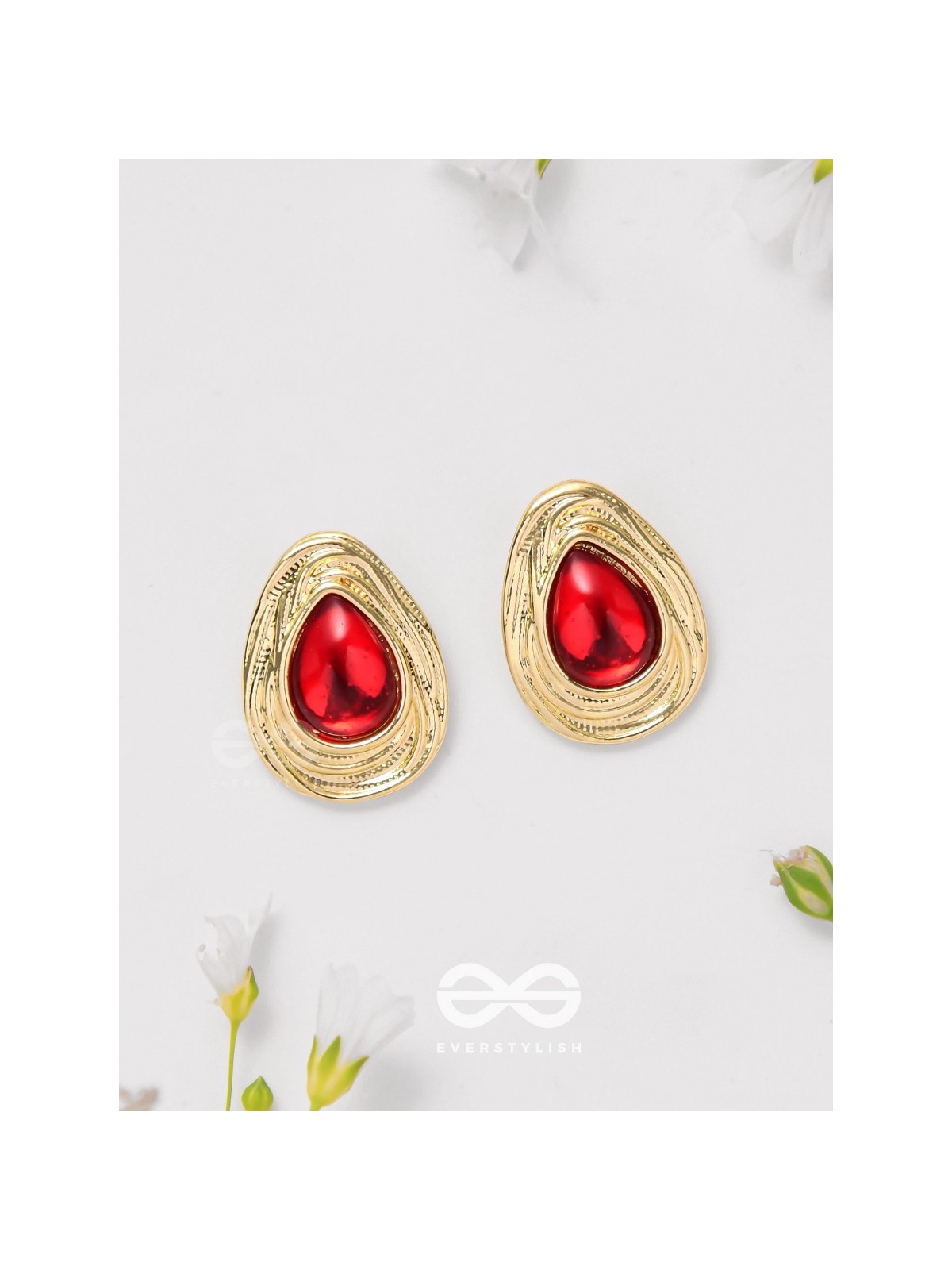 Cherry Drop - Golden And Red Stud Earrings