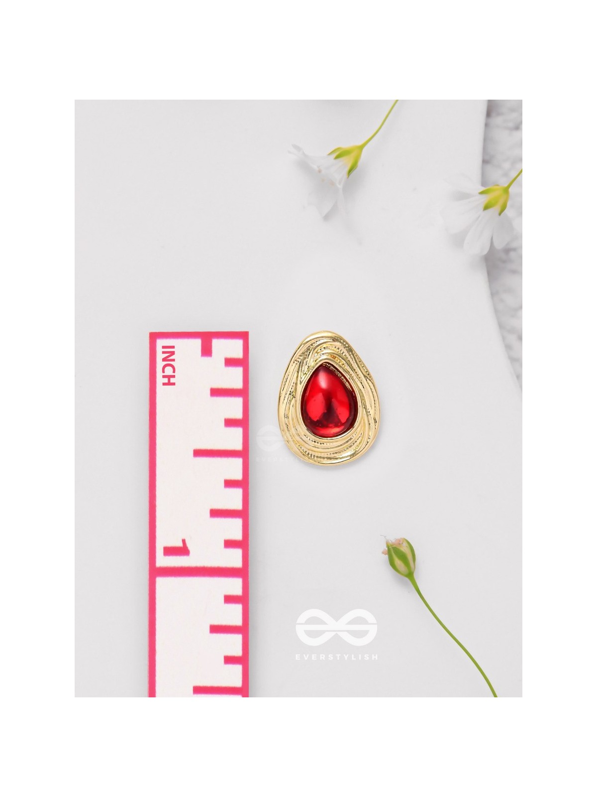 Cherry Drop - Golden And Red Stud Earrings