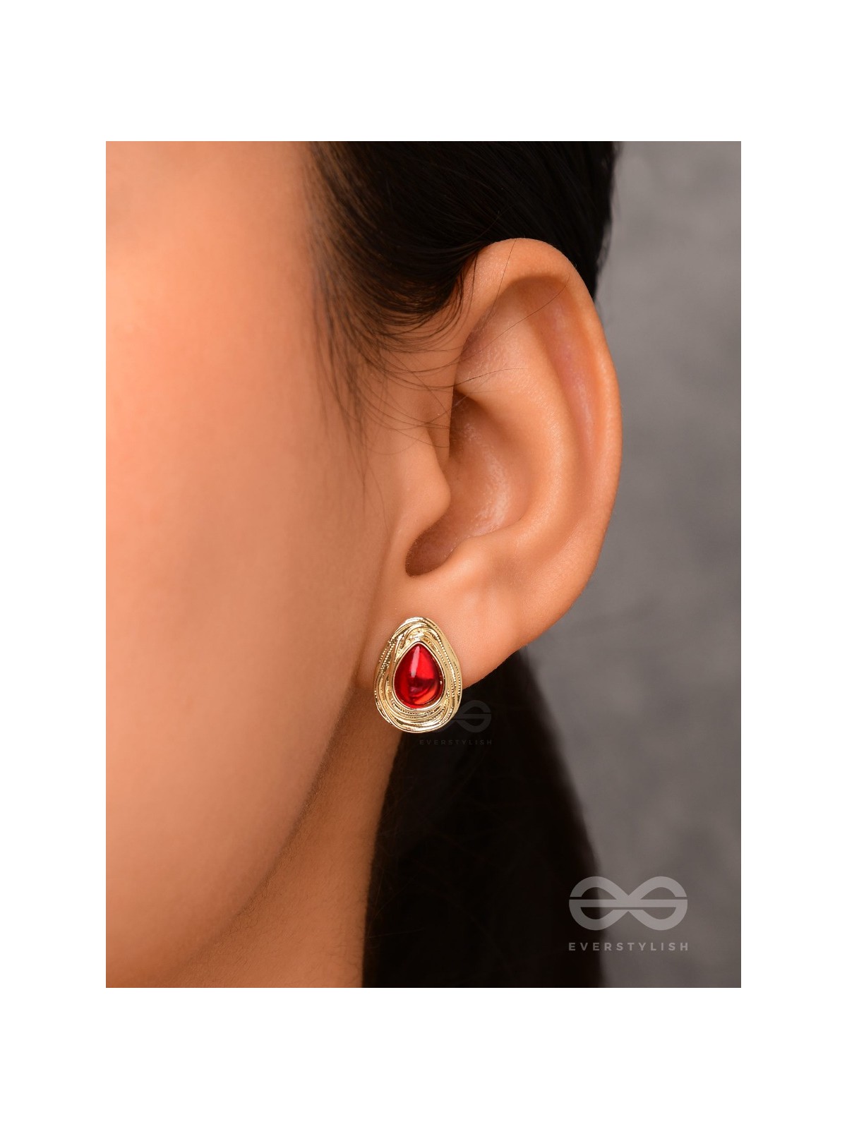 Cherry Drop - Golden And Red Stud Earrings