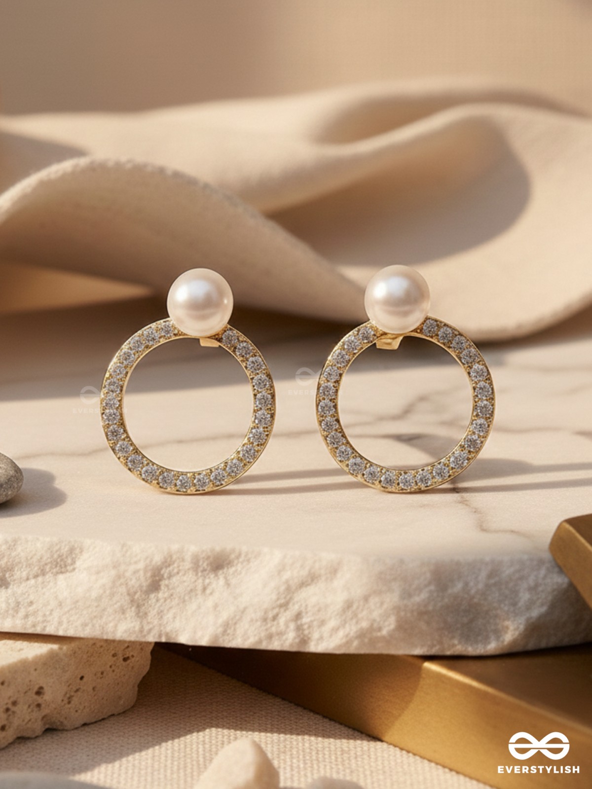 Polished Pearl - Golden Embellished Earrings