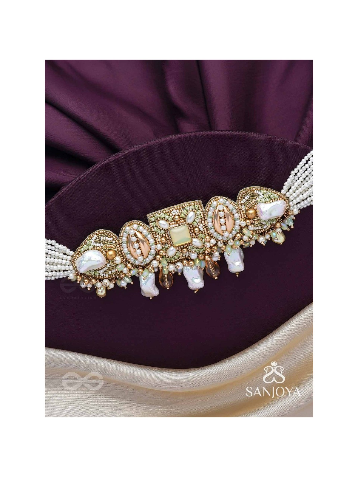 Himahati- The First Snow- Shells, Beads And Glass Drops Hand Embroidered Choker Neckpiece