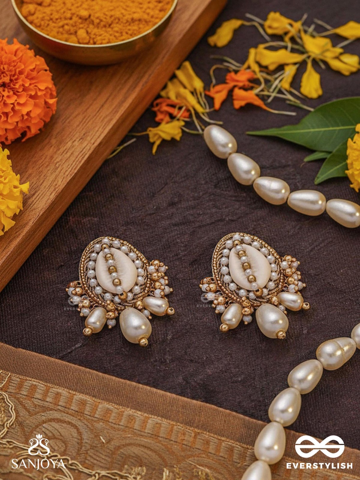 Dinara - The Shell Shoreline - Beads, Shells And Pearl Drops Hand Embroidered Earrings