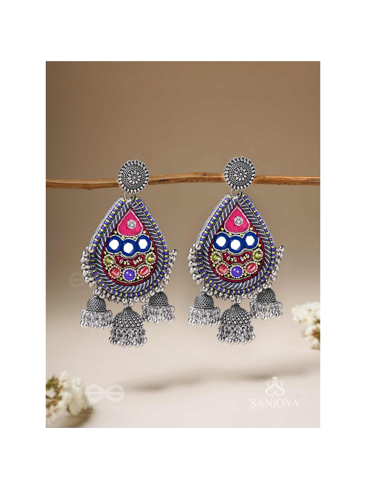 Kalatra- The Royal Citadel- Mirror, Resham And Beads Hand Embroidered Oxidised Earrings