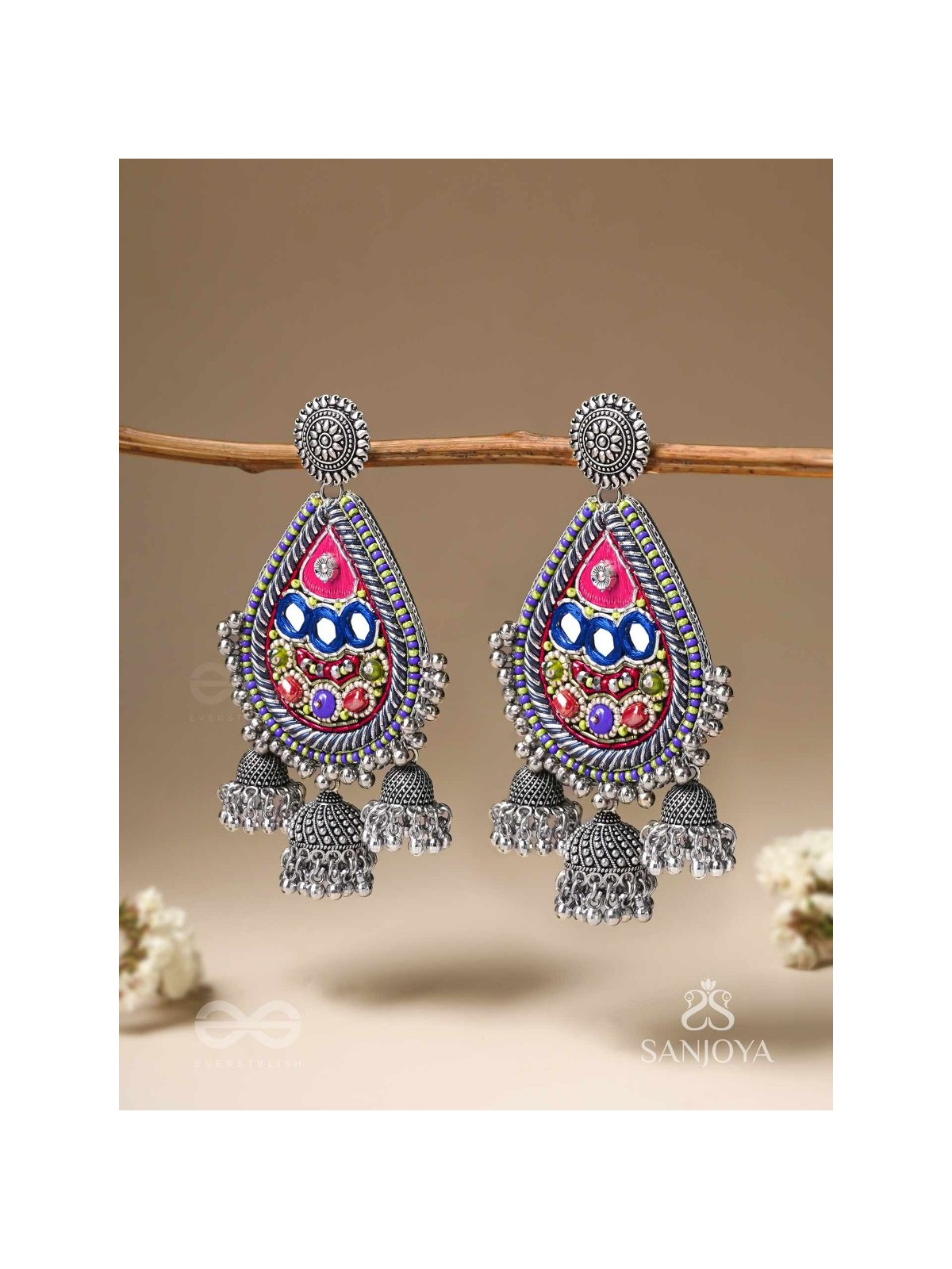 Kalatra- The Royal Citadel- Mirror, Resham And Beads Hand Embroidered Oxidised Earrings