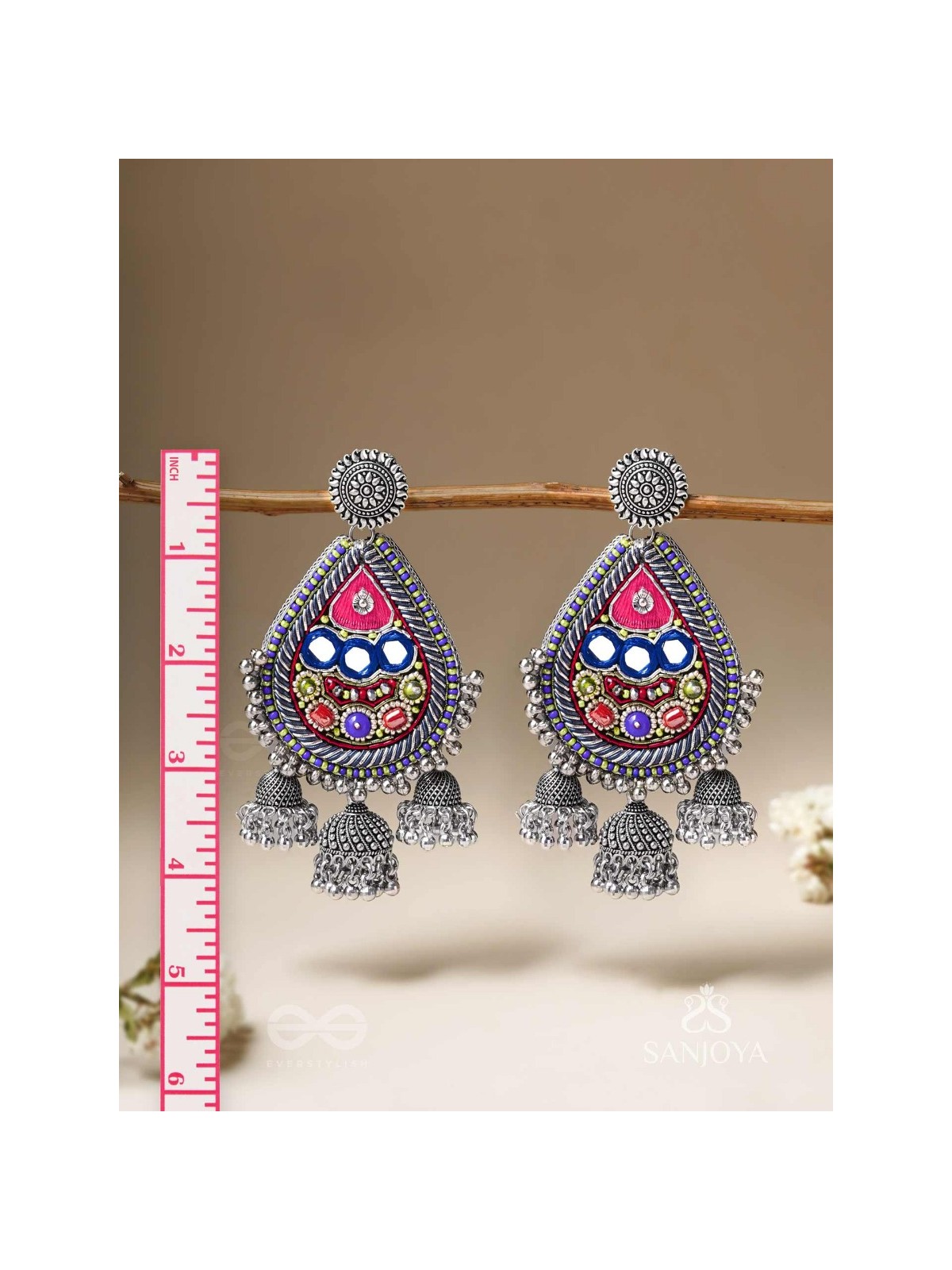 Kalatra- The Royal Citadel- Mirror, Resham And Beads Hand Embroidered Oxidised Earrings
