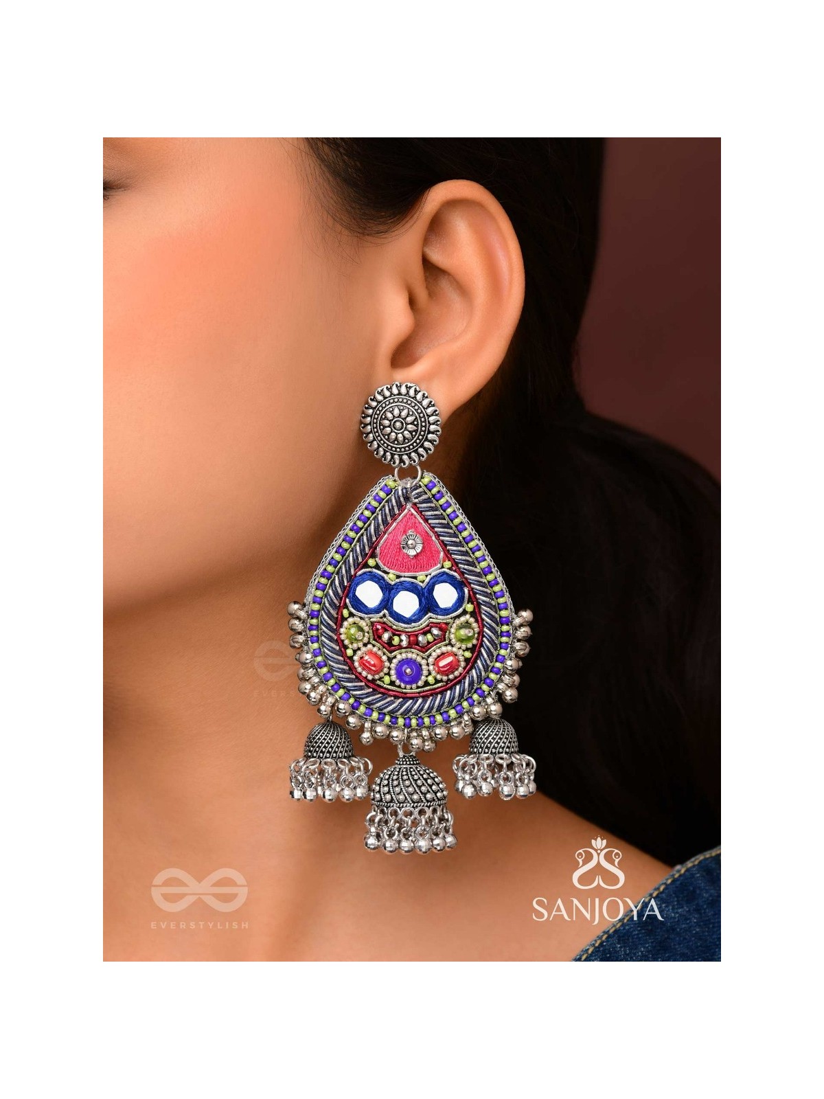 Kalatra- The Royal Citadel- Mirror, Resham And Beads Hand Embroidered Oxidised Earrings