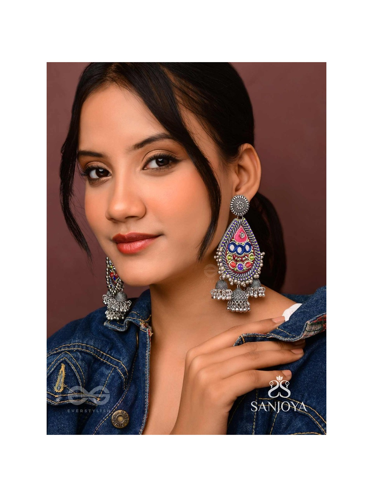 Kalatra- The Royal Citadel- Mirror, Resham And Beads Hand Embroidered Oxidised Earrings